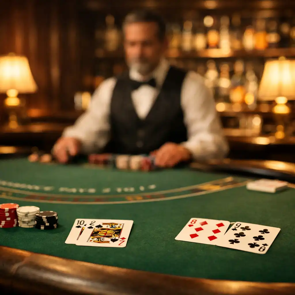 Salon de blackjack intime avec une table en feutre vert, des cartes disposées et un croupier en arrière-plan flou, éclairage tamisé
