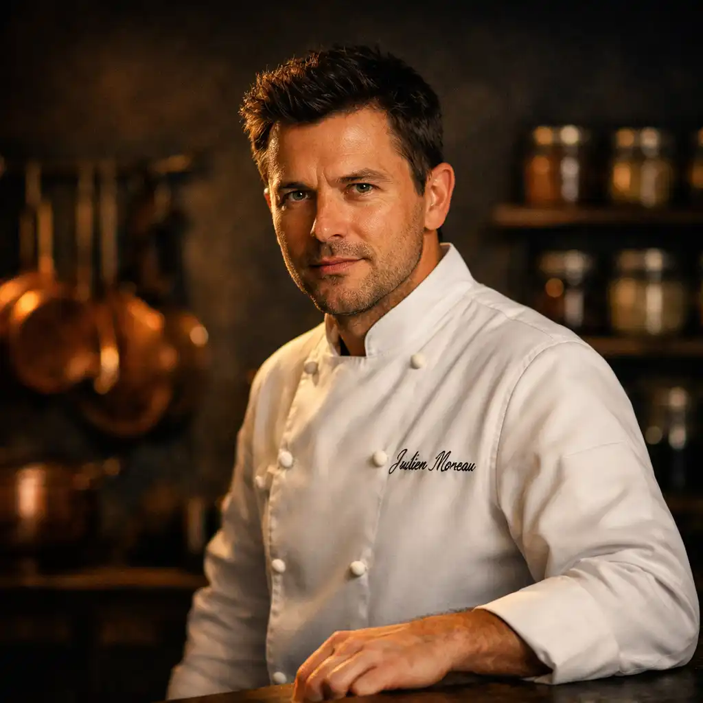 Chef Julien Moreau dans la cuisine du Carnet Dessaveurs