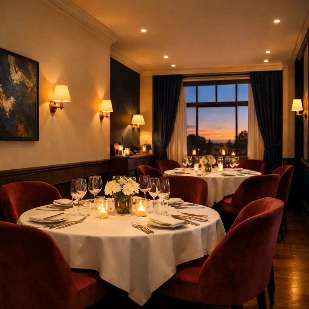 Salle à manger privée du Carnet Dessaveurs avec tables rondes dressées, chaises en velours bordeaux et grande fenêtre