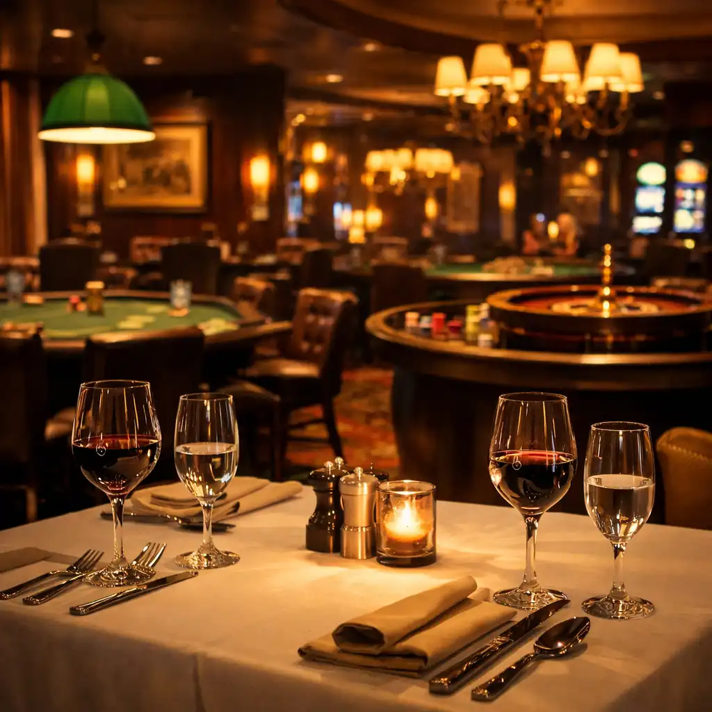 Vue d'ensemble d'une soirée au restaurant avec une table dressée au premier plan et le salon de jeux en arrière-plan.