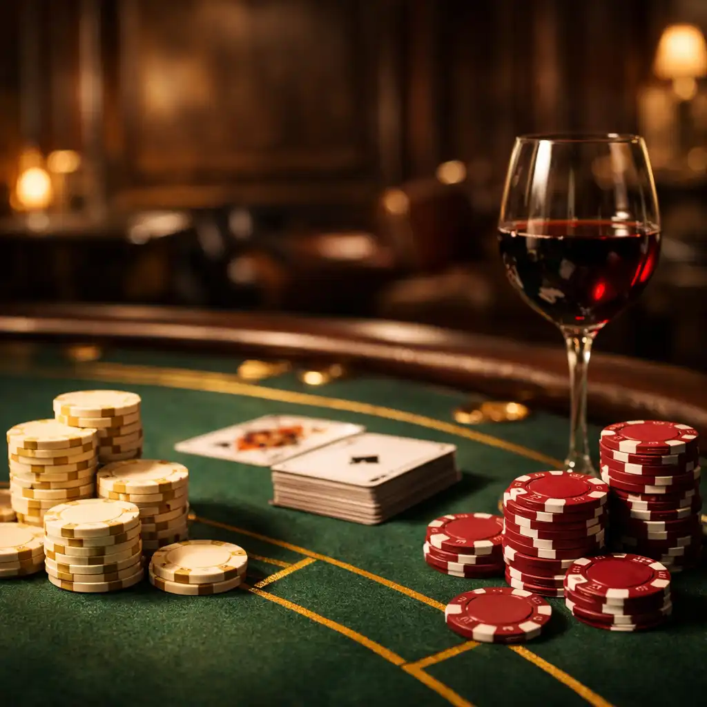 Table de casino élégante avec des jetons crème et bordeaux, un jeu de cartes et un verre de vin rouge dans une lumière chaude et tamisée