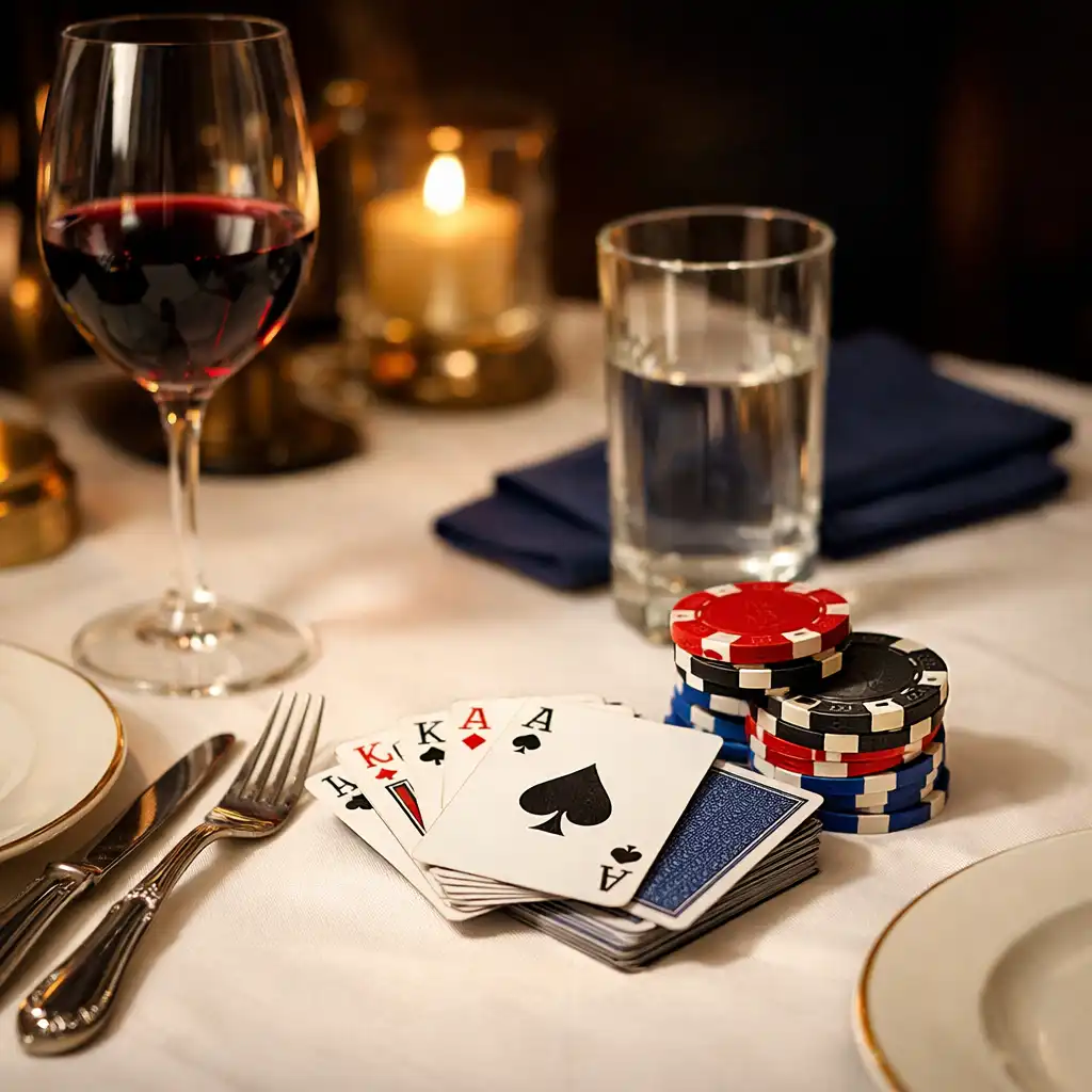 Table de restaurant élégamment dressée avec couverts en argent, verres à vin, cartes à jouer et jetons de casino sous un éclairage chaleureux