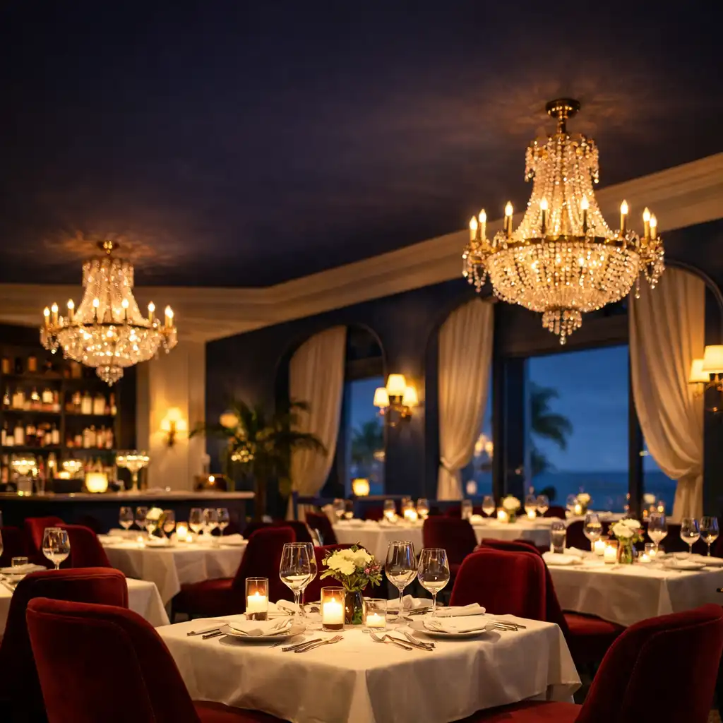Salle de restaurant élégante de style Côte d'Azur avec tables dressées, chaises en velours bordeaux et éclairage chaleureux