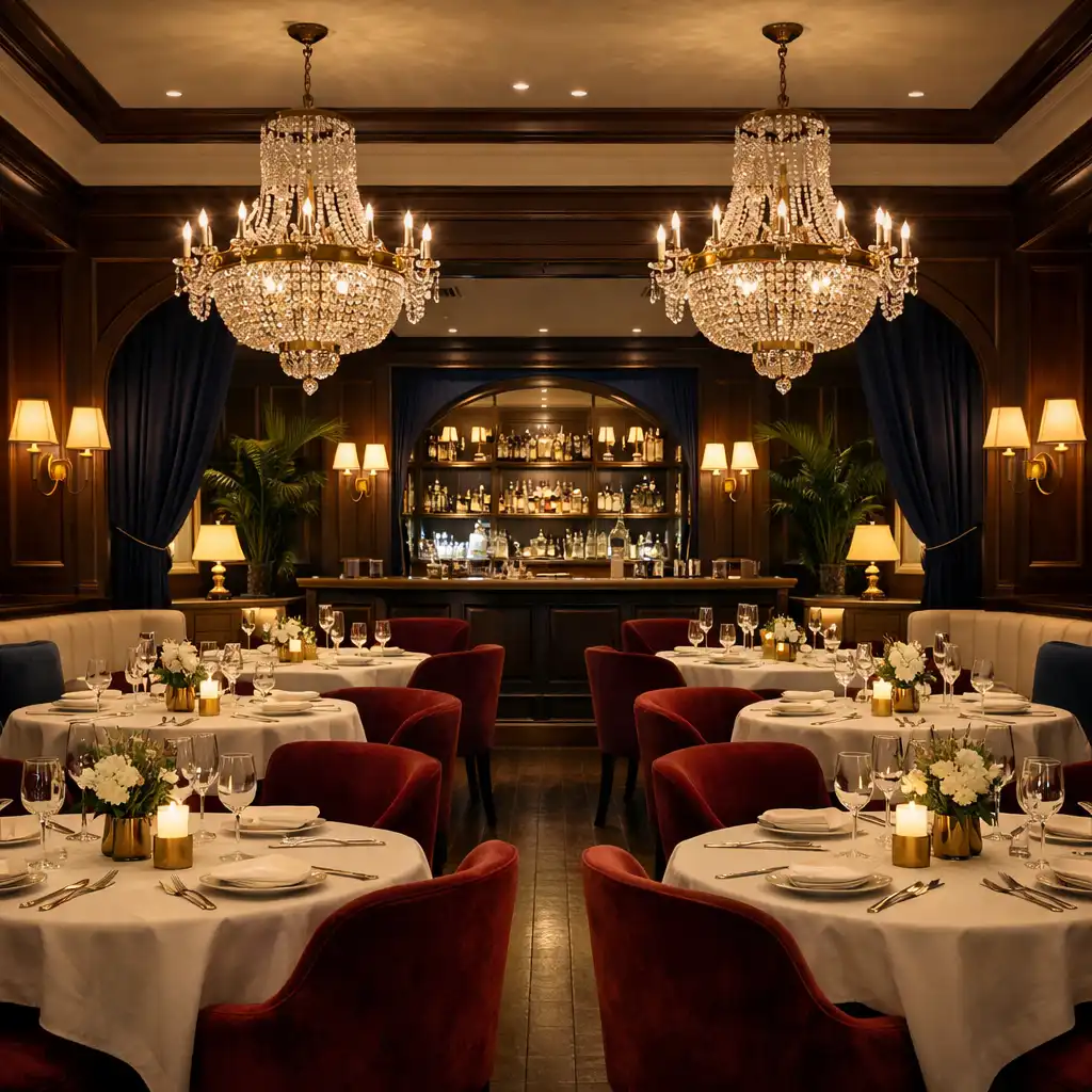 Vue d'ensemble du restaurant Carnet Dessaveurs avec tables nappées de lin, fauteuils en velours bordeaux et lustres en cristal