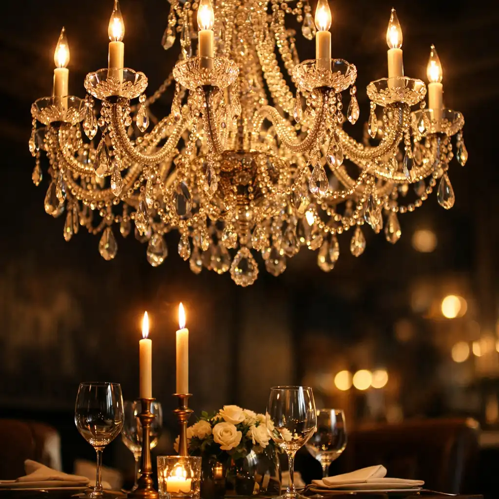 Lustre en cristal au-dessus d'une table de restaurant avec bougies allumées et reflets scintillants