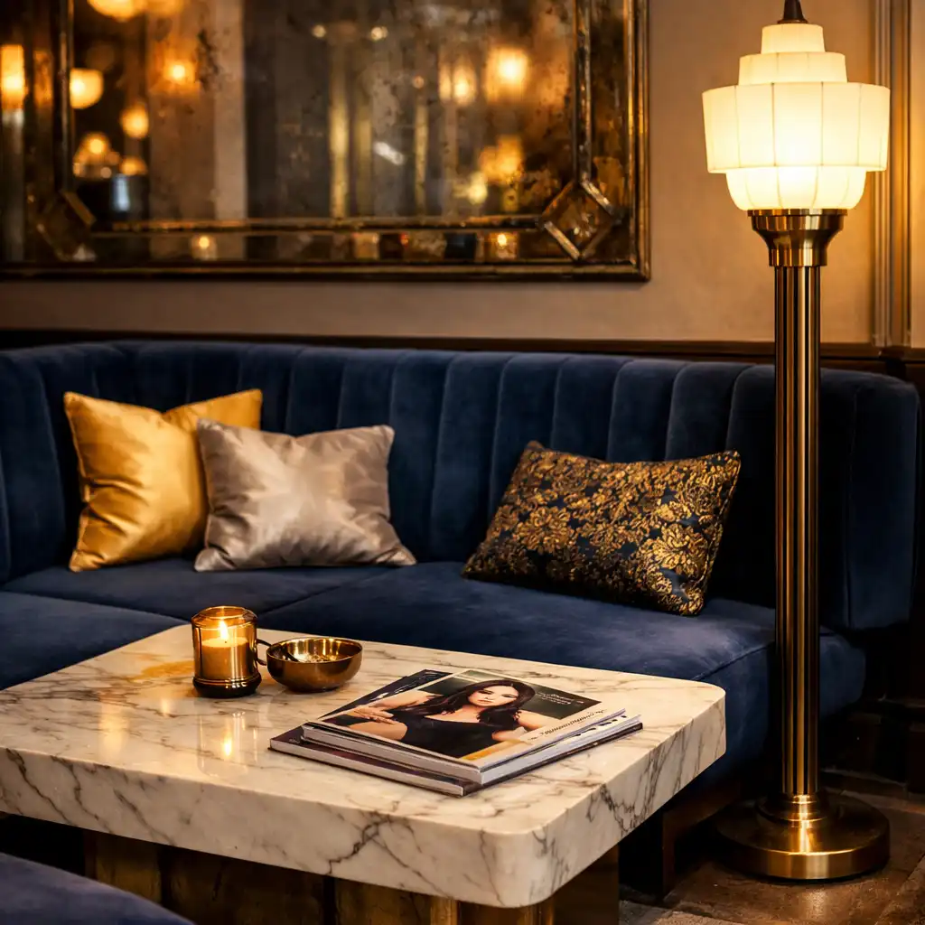 Coin salon avec banquette en velours bleu nuit, table basse en marbre et lampadaire art déco