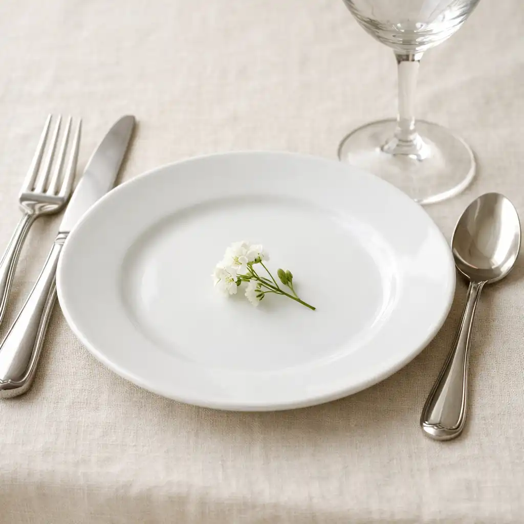 Détail d'une table dressée avec couverts en argent, assiette en porcelaine et verre à vin