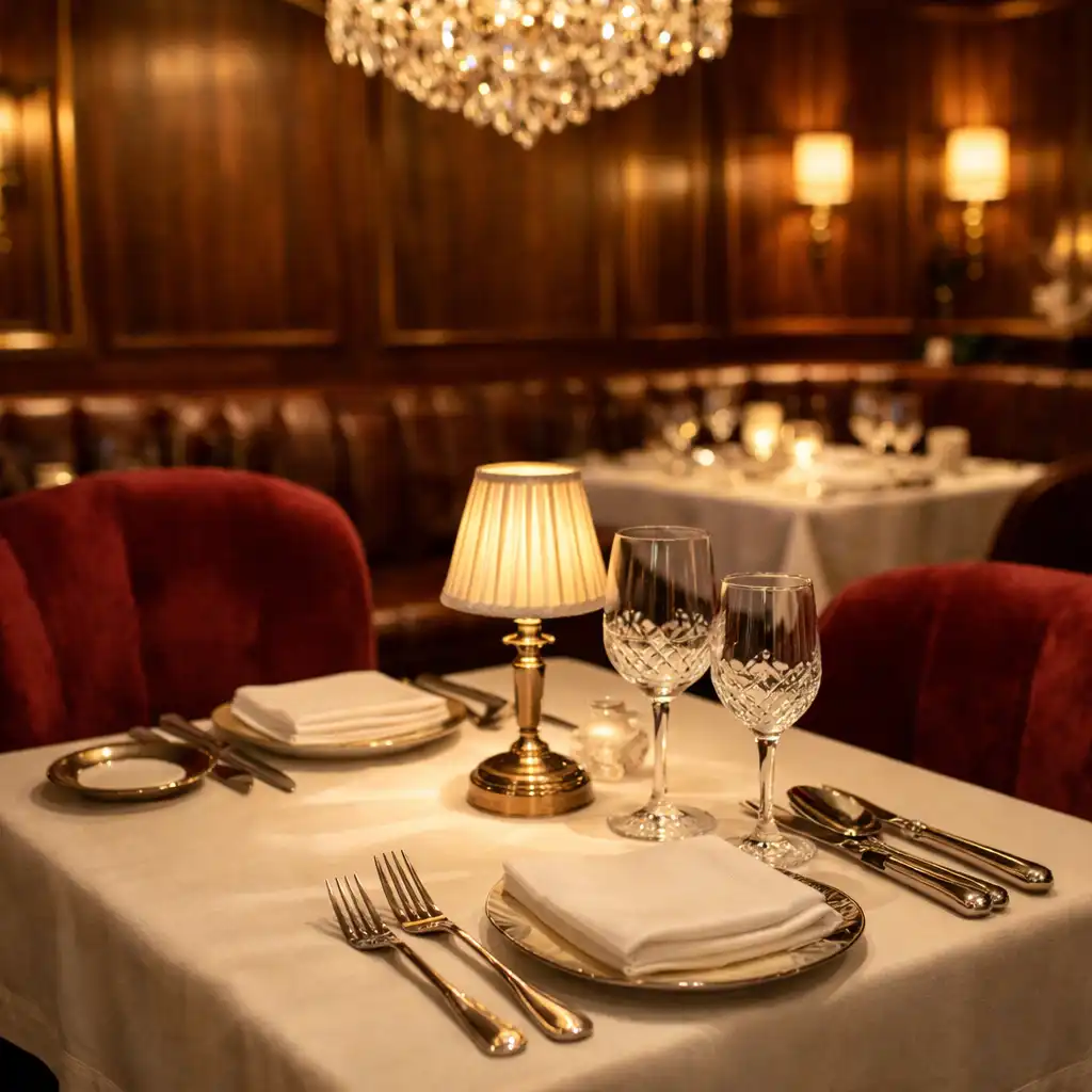 Table dressée pour deux personnes dans la salle principale, avec couverts en argent, verres en cristal et lustre suspendu