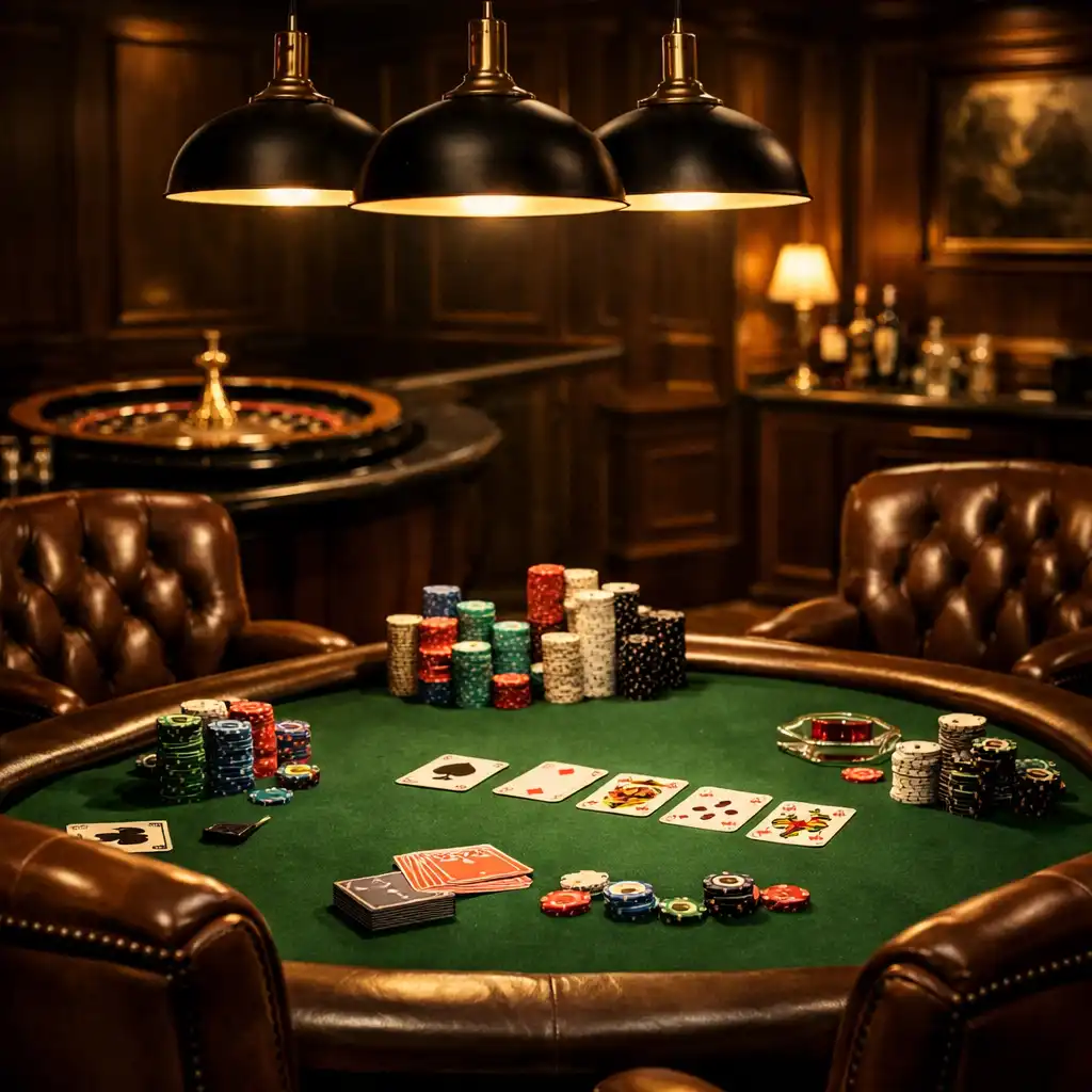 Table de poker en feutre vert avec jetons et cartes, éclairée par des suspensions basses dans un salon de jeux feutré