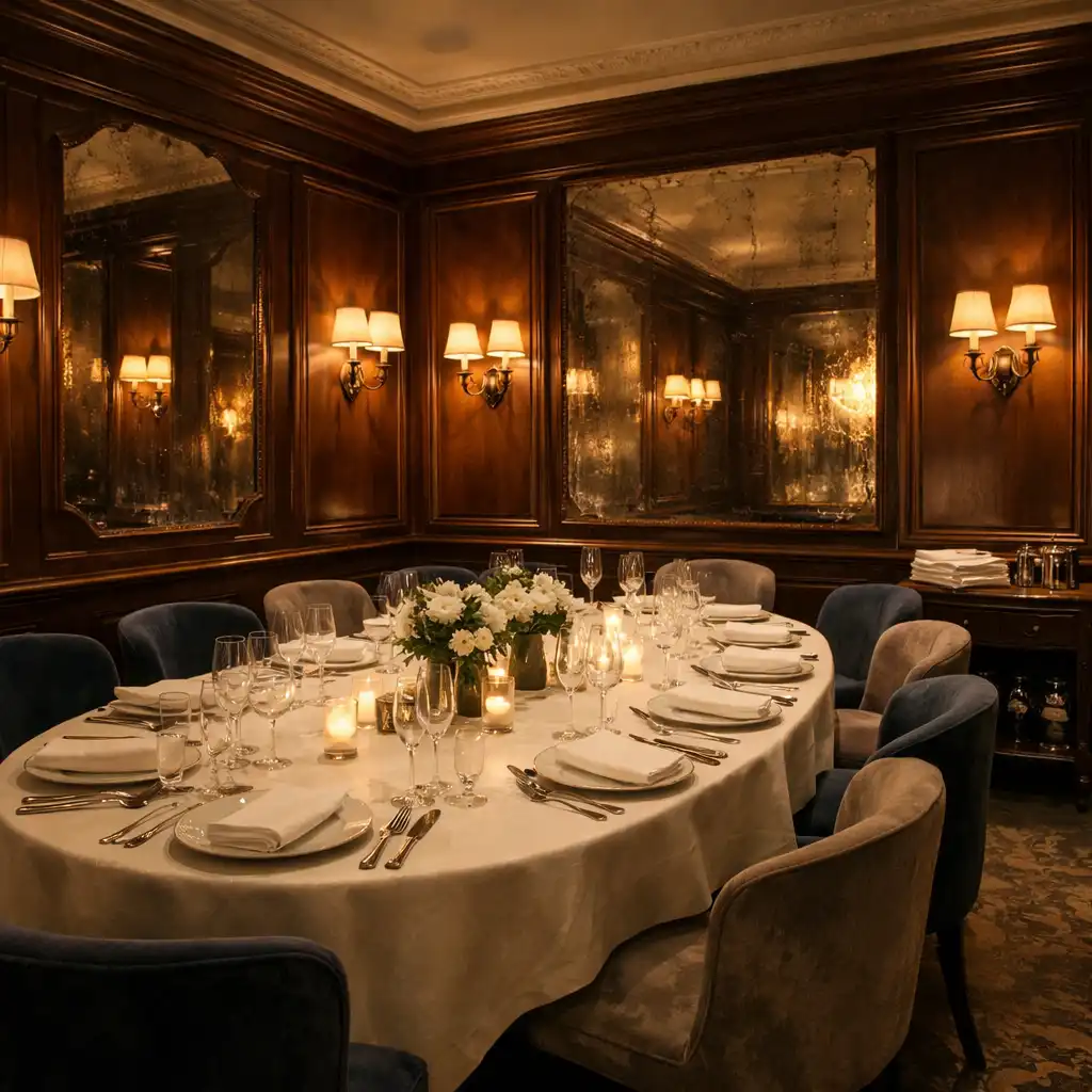 Salon privé avec grande table ovale dressée pour un dîner de groupe, chaises en velours et appliques murales