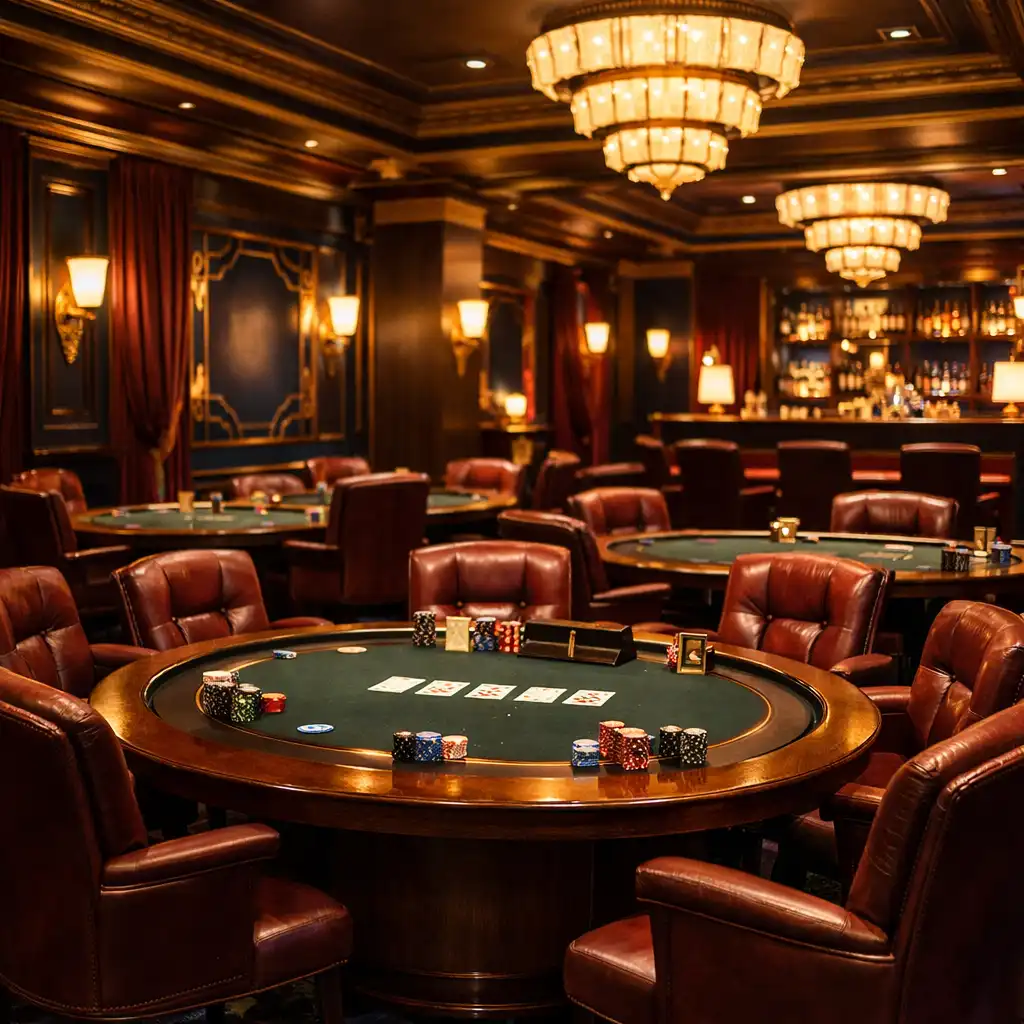 Intérieur du salon de jeux avec tables de poker en bois sombre, fauteuils en cuir et lumière d'ambiance chaude
