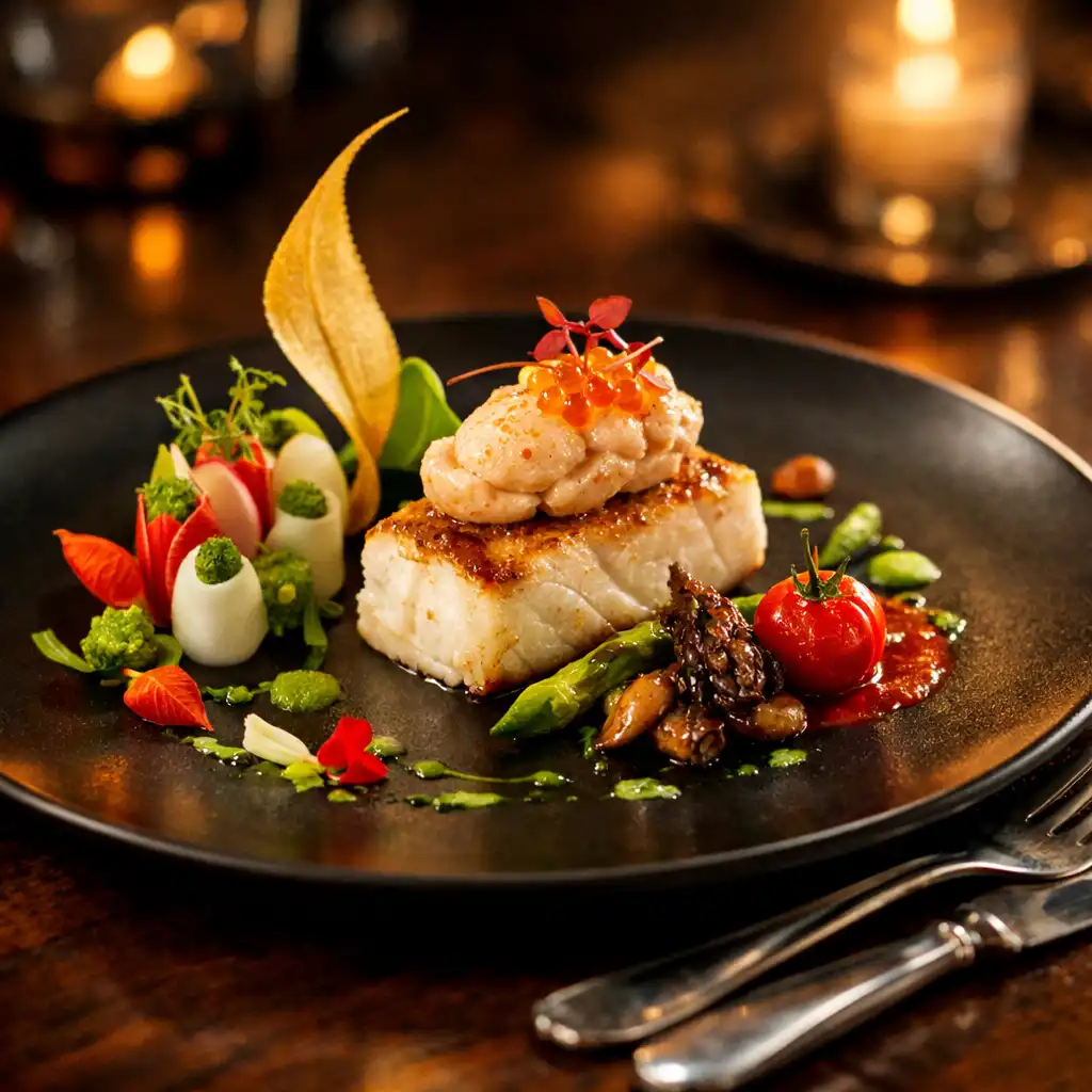 Plat signature vu de trois quarts sur une table en bois sombre avec des couverts en argent.