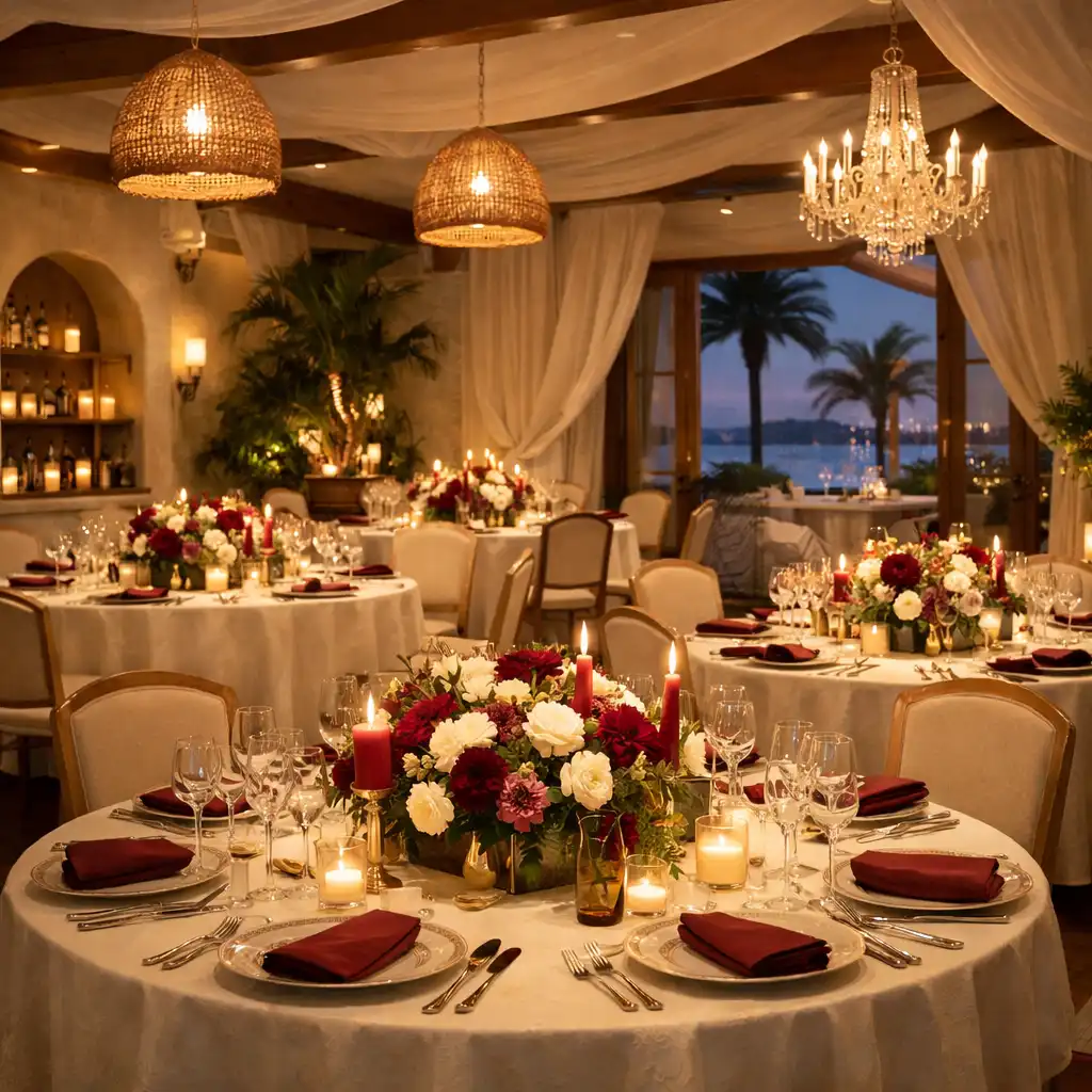 Salle de réception privée avec tables rondes dressées, décorations florales et éclairage tamisé
