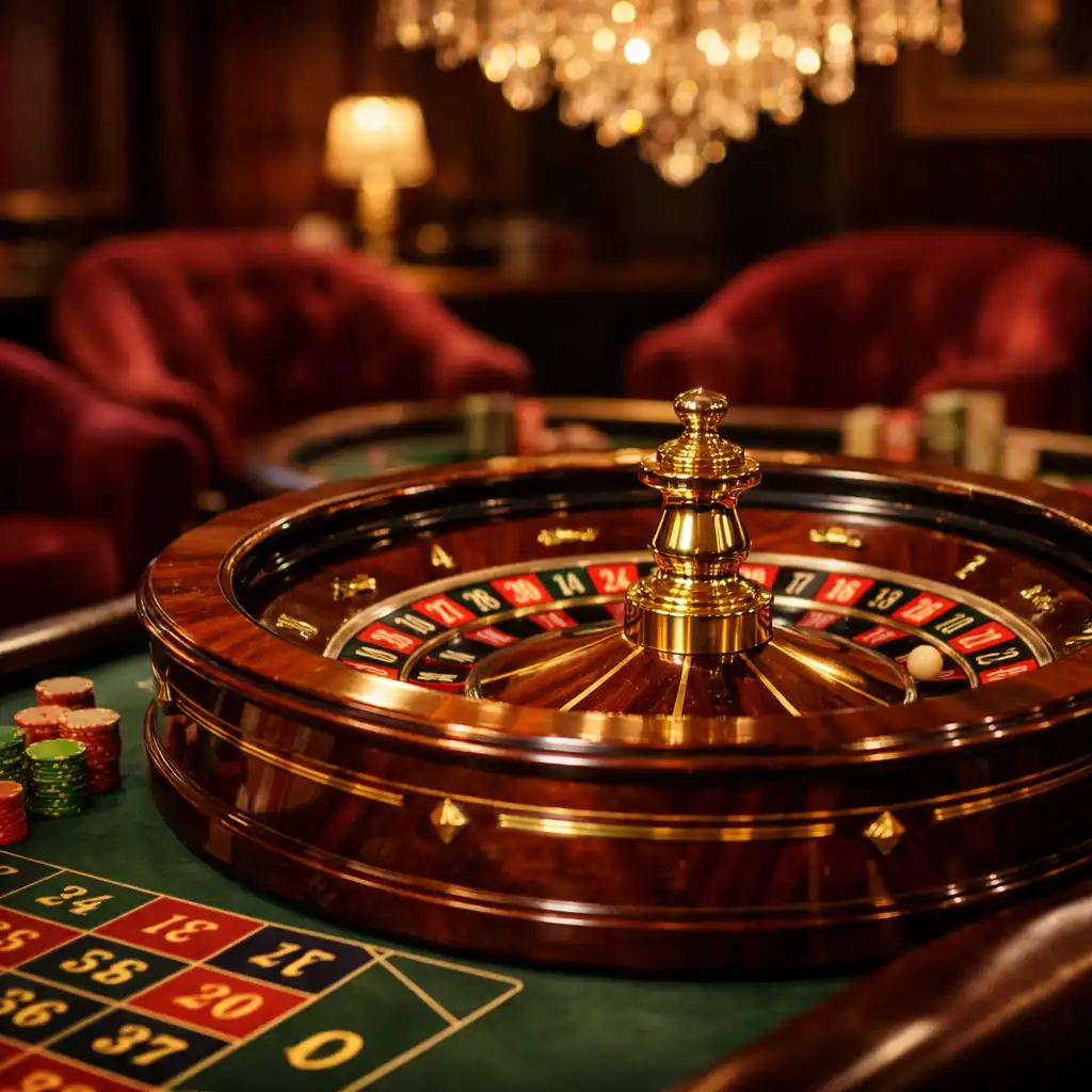 Table de roulette européenne en acajou poli avec des incrustations dorées, entourée de fauteuils en velours bordeaux sous un lustre en cristal