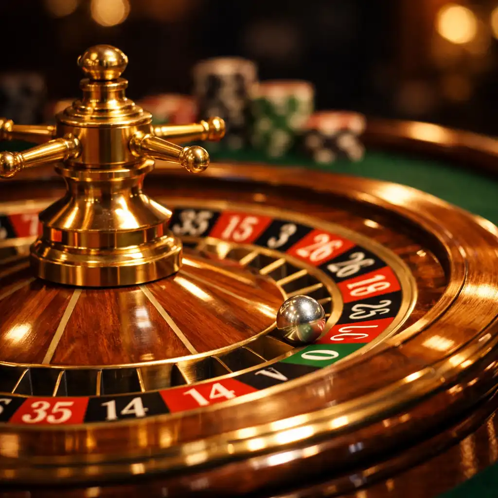 Roulette européenne en bois et laiton avec bille argentée et jetons