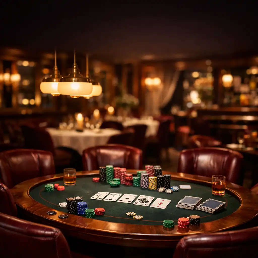 Table de poker élégante dans le salon de jeux du Carnet Dessaveurs, avec jetons et cartes