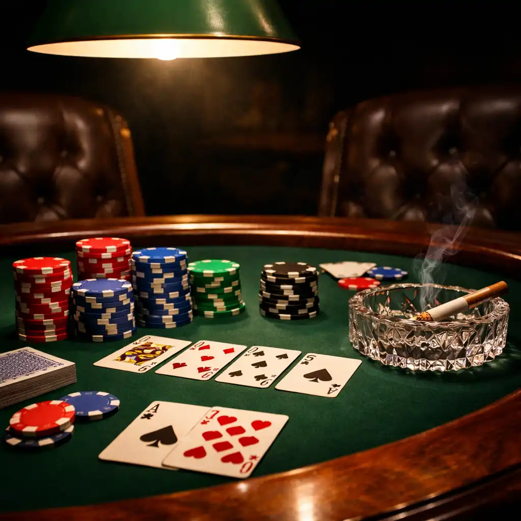 Gros plan sur une table de poker avec jetons colorés et cartes en éventail