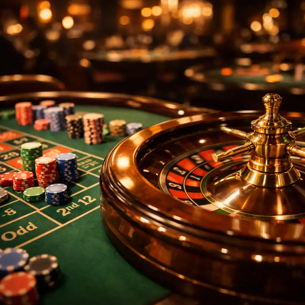 Table de roulette en action avec la roue en mouvement et des jetons posés sur le tapis vert.